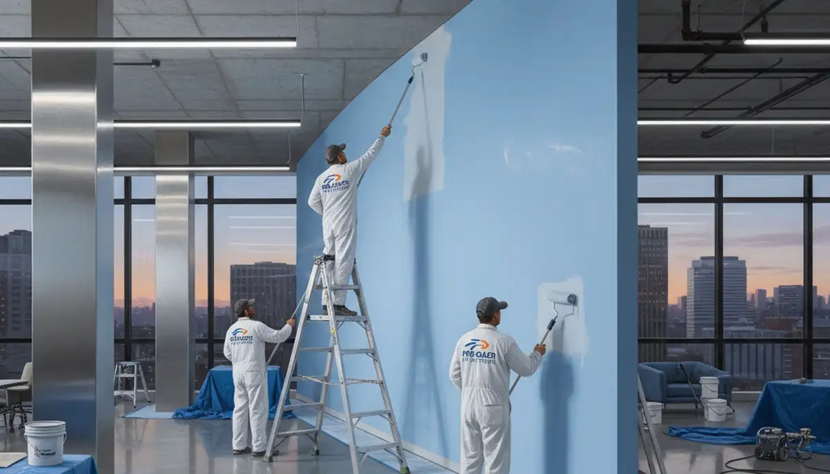 Commercial painters applying durable exterior coating at a Charleston, SC business property
